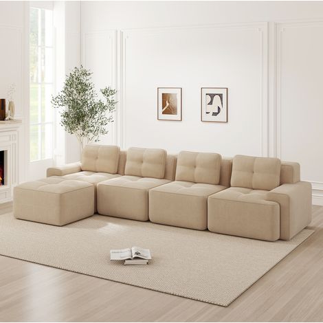 Canapé modulaire 4 places en tissu côtelé beige avec méridienne en L, assise profonde 74 cm, sans montage (1/5)
