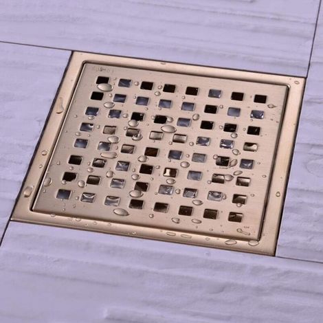 Bonde de douche carrée en acier inoxydable 304, finition or brossé, pour salle de bain et cuisine. Grande bonde de 150 mm.