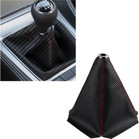 Cuffia del cambio, copertura antipolvere in fibra di carbonio e pelle, accessorio per interni General Motors, copri pomello del cambio manuale/automatico (fibra di carbonio/nero con cuciture rosse) (1/5)
