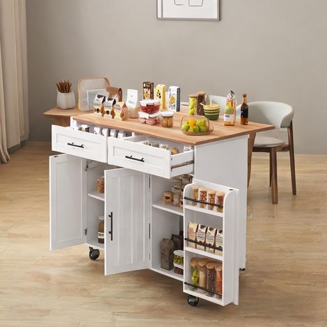 Chariot de cuisine blanc avec plan de travail en bois en MDF (1/5)