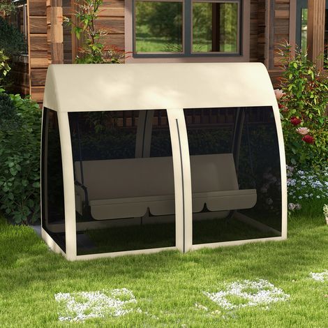 Dondolo da giardino 240x140x197 cm, 3 posti trasformabile in letto, con baldacchino e zanzariera, metallo caffè (1/5)