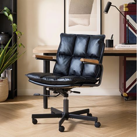 DESMIU Chaise de Bureau Pivotante avec Réglage en Hauteur et Roulettes 360°, Accoudoirs Aspect Bois, Cuir Noir (1/5)