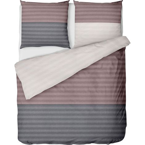 Parure de lit 2 pièces en flanelle de coton 135 x 200 cm - Gris beige - Parure de lit d'hiver beige à rayures - Housse de couette et taie d'oreiller (1/5)