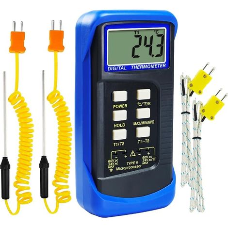 Thermomètre à Thermocouple de Type K à Double Canal avec 4 Sondes Câblées et en Acier Inoxydable - Gamme de Température de -501300°C -582372°F en Échelle Kelvi (1/5)