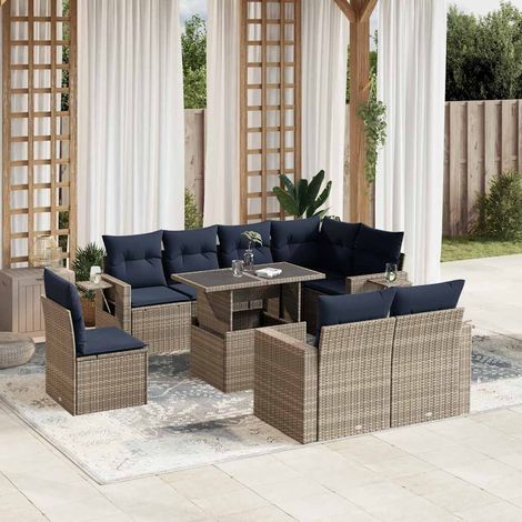 9-teiliges Gartensofa-Set mit Kissen, grau, Polyrattan (1/5)