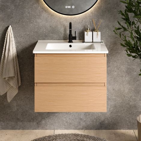 Badezimmermöbel Norvi - 60 cm - Helle Eiche - Weißes Waschbecken (1/4)