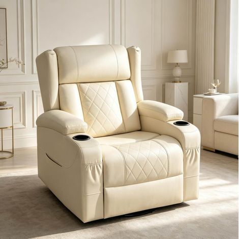 Sillón reclinable giratorio beige en cuero regenerado con reposapiés, función balancín, portavasos y bolsillos, respaldo ajustable para salón y TV – CHICFURN (1/5)
