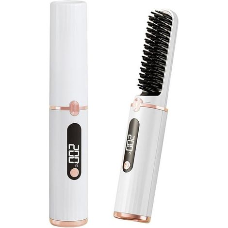 Brosse Lissante pour Cheveux Sans Fil,Mini Brosse Lissante de Voyage,Lisseur Barbe Hommes avec 4 Niveaux de Températures,White (1/5)