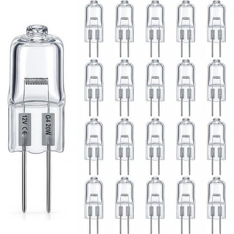Lot de 20 ampoules halogènes G4 20W 12V – 300LM – Dimmable – Température couleur 2800K, Durée de vie jusqu'à 3000h, Lampe à broche, Capsule transparente pour l’éclairage commercial et domestique (1/5)
