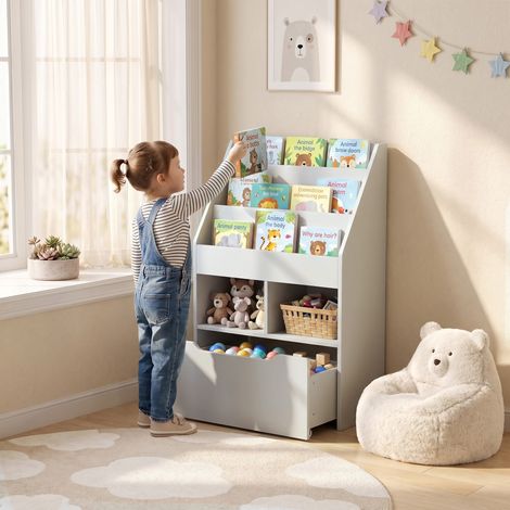 Étagère enfant avec tiroir, bibliothèque compartimentée, 60 x 29,9 x 90 cm, grise (1/5)