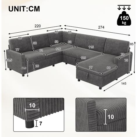 Canapé-lit d'angle moderne en forme de U avec fonction couchage, canapé-lit gigogne, tissu velours côtelé épais, méridienne avec espace de rangement, gris, 220×274×85 cm (1/4)