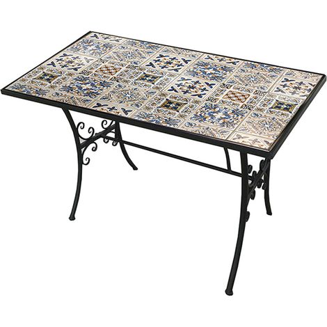 Tavolo in Ferro Battuto rettangolare Piano in Ceramica Decorata Mosaico 120x80cm per Giardino Balcone Terrazza o Cucina (1/4)