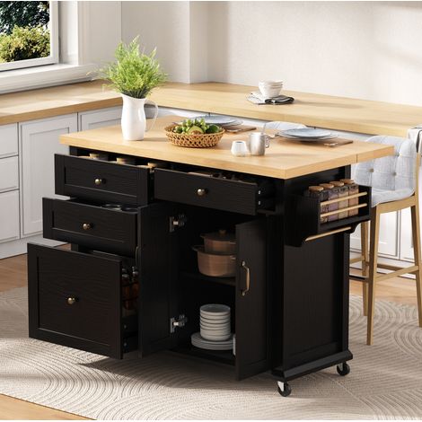 CHICFURN Isola cucina mobile 107x45-70x90,5 cm in MDF nero effetto legno con tavolo estensibile (1/5)