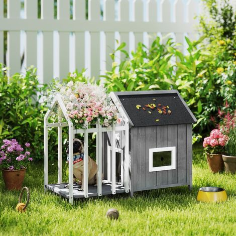 Animal Niche pour chien extérieur en bois maison avec terrasse porte à lamelles 106 x 62,5 x 80,5 cm - gris