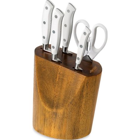ENSEMBLE DE CUISINE RIVIERA WHITE - Ensemble composé des éléments de base d'une cuisine bien équipée. Le tout organisé dans un bloc de bois de caoutchouc laqué couleur noyer.