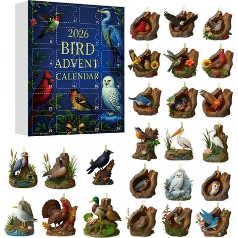 Calendrier de l'Avent Oiseaux 2026, 24 décorations suspendues en acrylique 2D représentant diverses espèces d'oiseaux, ornements animaux pour sapin de Noël, cadeaux festifs (1/4)