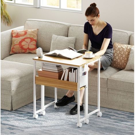 Escritorio plegable 63x50x75 cm color madera natural de madera con ruedas, estante y bolsa lateral (1/5)
