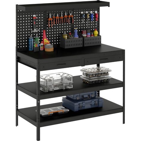 Établi d'Atelier, Charge Max. 272 kg, 122x61x156 cm, Panneau Perforé, 2 Tiroirs et 2 Étagères Réglables, Noir (1/5)