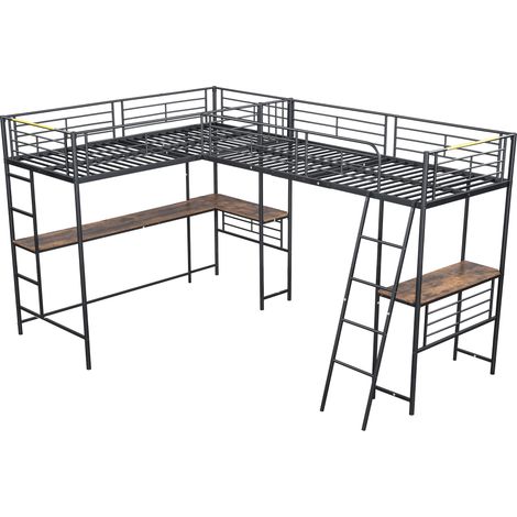 CAIziLit mezzanine 90x200, 2 niveaux, bureau intégré, double escalier, noir (1/5)