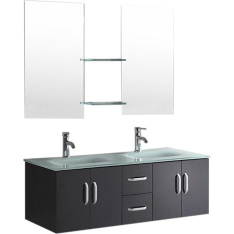 Meuble de salle de bain noir 151 cm avec 2 lavabos en verre – 2 miroirs 80x45 cm – 2 tiroirs et 4 portes – MDF durable – Eliteshopping (1/5)