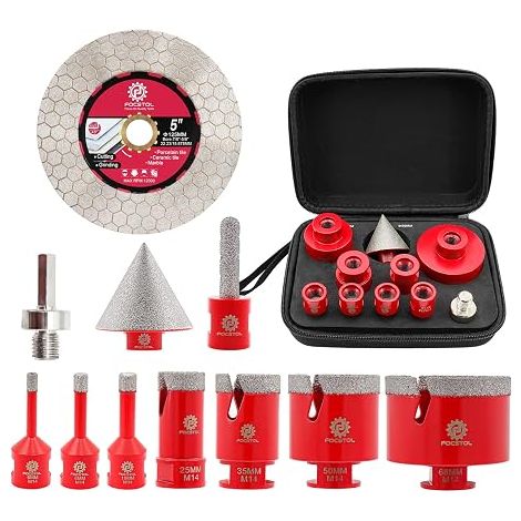 Set di punte diamantate per piastrelle FOCTOL - 11 pezzi (6/6/8/25/35/50/68 mm + fresa da 10 mm + punte smussate da 50 mm + adattatore + disco da 125 mm) Sega a tazza diamantata per piastrelle in porc (1/5)