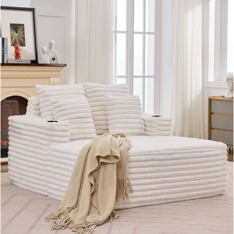 Chaise longue 2 plazas 135x128 cm de tela de felpa blanca con portavasos integrados - CHICFURN (1/5)