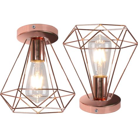 Plafonnier Industriel en Forme Diamant Suspension de Plafond Vintage E27 pour Chambre Salon Bar Café Ø20CM Rose - 2Pcs (1/5)