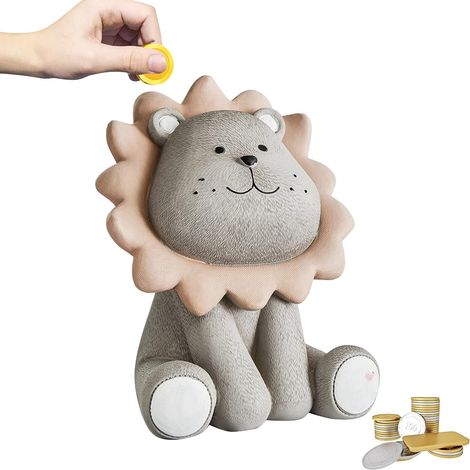 Tirelire pour enfants, tirelire lion marron, tirelire incassable en résine, tirelire décorative, tirelire réutilisable pour garçons, filles et adultes, grise (1/5)