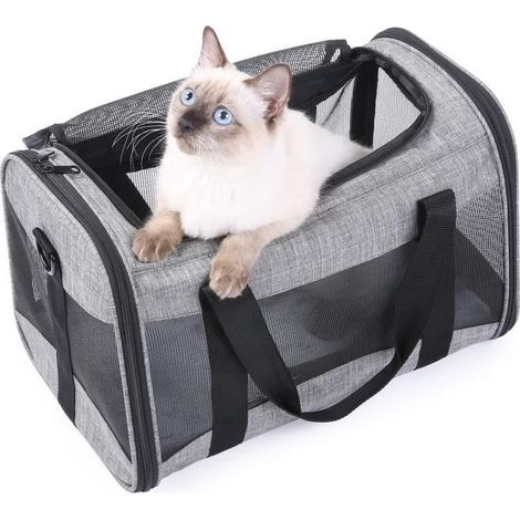 (Gris et Noir)Sac de Transport Pour Chat Chien Animal,Caisse de Transport avec Bandoulière Réglable 44x28x28cm Sac à Chat Respirant et Pliable (1/4)
