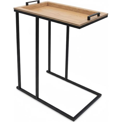Sofa Beistelltisch in C-Form schwarz mit Tablett Tischplatte - 60 x 45 cm - Couch Zustelltisch mit abnehmbarem Holz