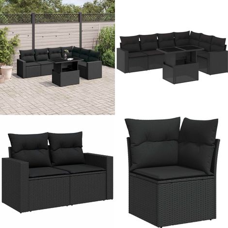 Salon de jardin 7 pcs avec coussins noir résine tressée - Ensemble Salon De Jardin - Meuble Extérieur - Jardin Design - Mobilier Résistant Aux Intempéries - Chaise Lounge - Home & Living (1/5)