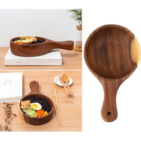 Bol en Bois pour Salade avec Poignée, Bol de Service pour Fruits et Kimchi, Ustensile de Cuisine Écologique (1/5)