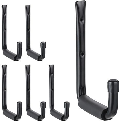 Relaxdays Wall Hooks, 6-Piece Set, U-Shaped Tool Holders for Garage, Rubberised, Tool Hanger Workshop, Steel, Black (1/5)