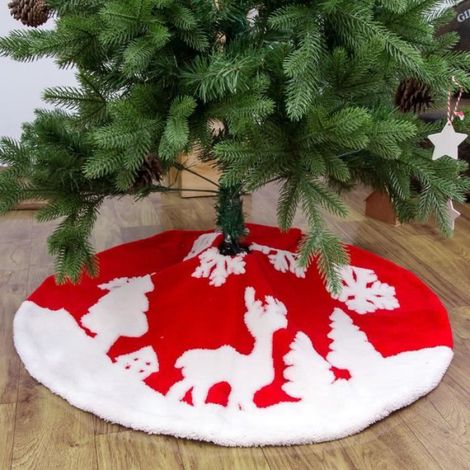 Jupe de sapin de Noël de 90 cm, fond rouge, flocon de neige blanc, faon, arbre, maison, couverture de sapin de Noël (1/4)