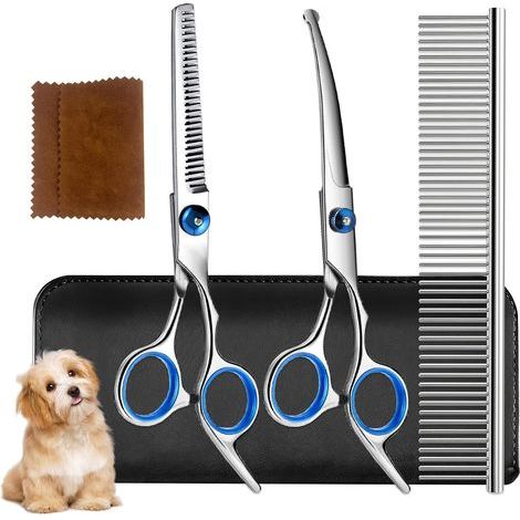 Kit de Toilettage Chien Professionnel 5 en 1, Ciseaux de Toilettage pour Chiens avec Pointe de Sécurité, Ciseaux Courbe, Lisse et Démêlant pour Chiens et Chats (1/5)