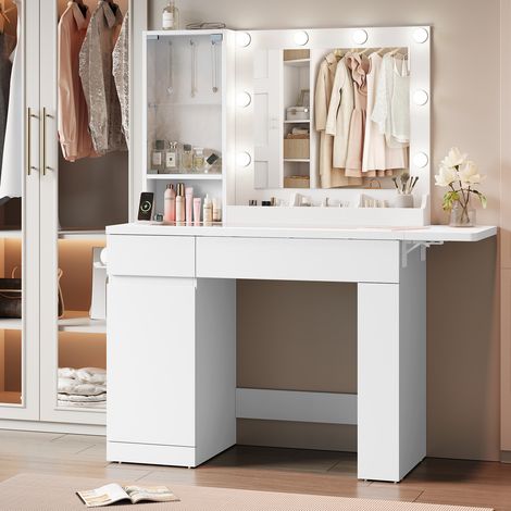 Coiffeuse moderne multifonction Ampoule LED 93x40x140cm Table de maquillage avec Miroir 2 Tiroirs 1 Placard Compartiments rangement Support Bijoux Table pliable (1/5)