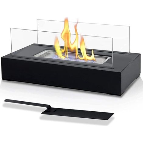 Fireplace and Stove Accessories Bioethanol Fireplace, Ethanol Tabletop Fireplace - Portable, Rectangular, Black, Stainless Steel, 2 Glass Panes, For Indoors/Outdoors - Bioethanol Stove, Freestanding F