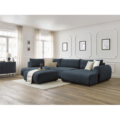 BOBOCHIC - Canapé panoramique convertible coffre LUCIEN tissu lisse avec pouf Angle droit Bleu foncé (1/5)