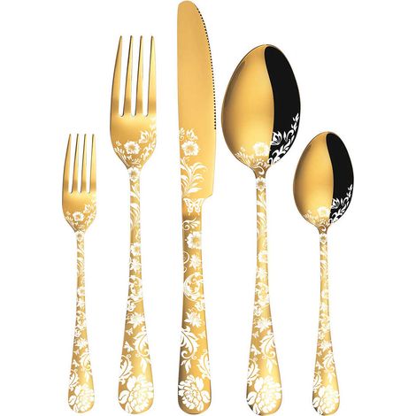 Set di posate in acciaio inox da 20 pezzi, per 4 persone, composto da coltello, forchetta e cucchiaio con finitura a specchio color oro, forchetta e cucchiaio decorati, lavabile in lavastoviglie.