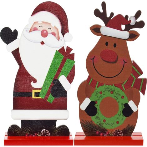 Lot de 2 décorations de table, bois double face, Père Noël renne bonhomme de neige, décoration intérieure fêtes (1/5)