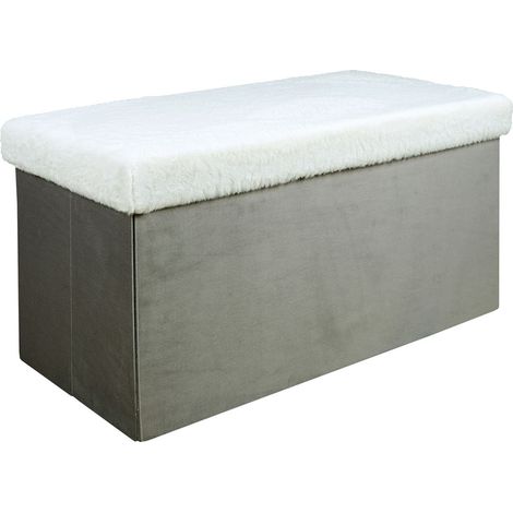 The Home Deco Factory – Coffre banc pliable 77x38x38 cm en polyester gris imitation fourrure – Rangement pratique et confortable pour intérieur (1/5)