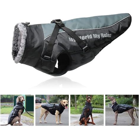 Reflective reversible plush dog coat with detachable harness and wrinkle-free fur collar, comfortable clothes for medium and large dogs (size 4XL). (1/5)