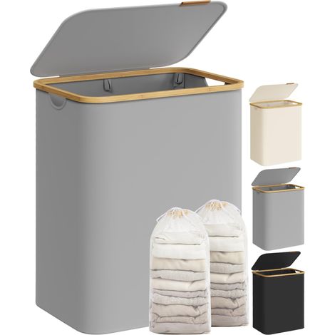 Panier à Linge avec Couvercle à 2 Compartiments, 130L, Sac Amovible, Tissu Oxford, Poignées en Bambou, Pliable, 52 x 38,5 x 70,5 cm, Gris Tourterelle LCB513G01 (1/5)