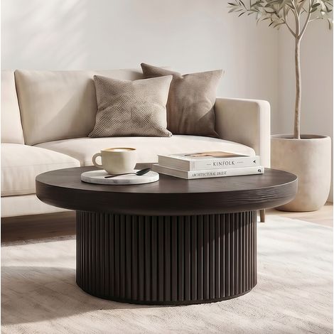 Mesa de centro redonda (85x17.5x85 cm), tablero de parquet de madera, base cilíndrica acanalada, madera compuesta, negro (1/5)