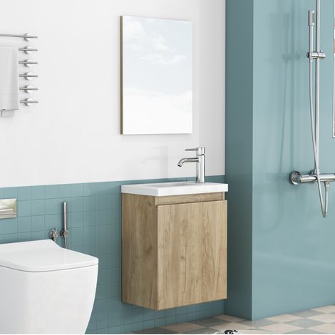 Meuble sous-vasque mural 40 cm avec vasque en céramique et miroir, sans poignées, MDF brillant - chêne (1/5)