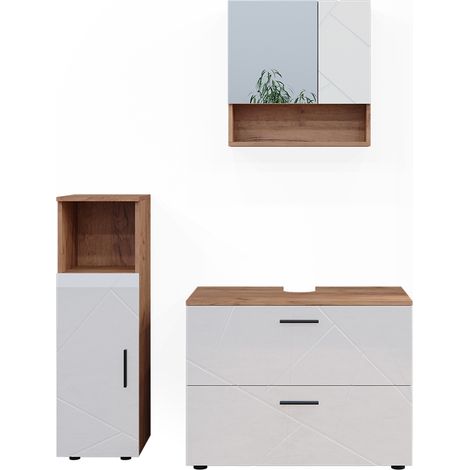 Conjunto de muebles de baño Irma, Blanco brillo intenso/roble dorado, 3 piezas, con mueble alto, Vicco