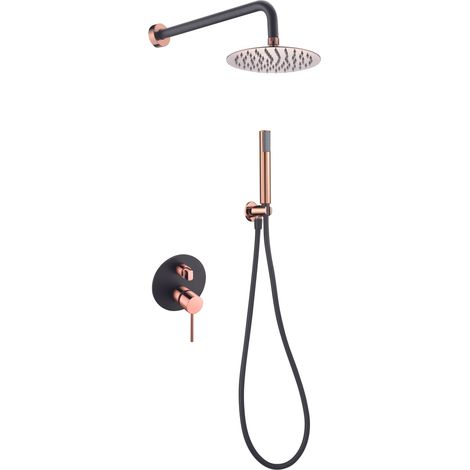 Conjunto de pared para ducha empotrada de diseño moderno en color negro mate y oro rosa stick Milos de Imex (1/4)