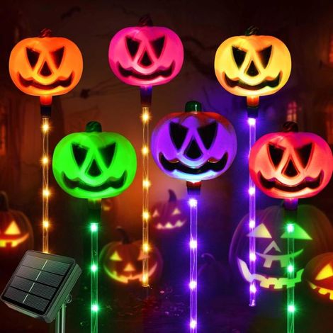 Juego de 6 luces solares con forma de calabaza para decoración de Halloween, decoración de jardín de Halloween, luces solares con forma de calabaza para pasarelas de Halloween, uso exterior, resistent (1/4)