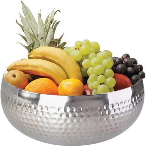 Centrotavola rotondo in acciaio inox, misura 27,5x10,5 cm, scodella decorativa con design martellato, ciotola portafrutta e portapane (1/5)