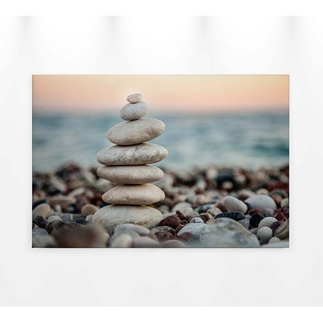 Tableau décoratif zen pour salon et entrée | Tableau sur toile paysage plage de galets | Tableau moderne marron et beige 0,9 x 0,6 m (1/5)